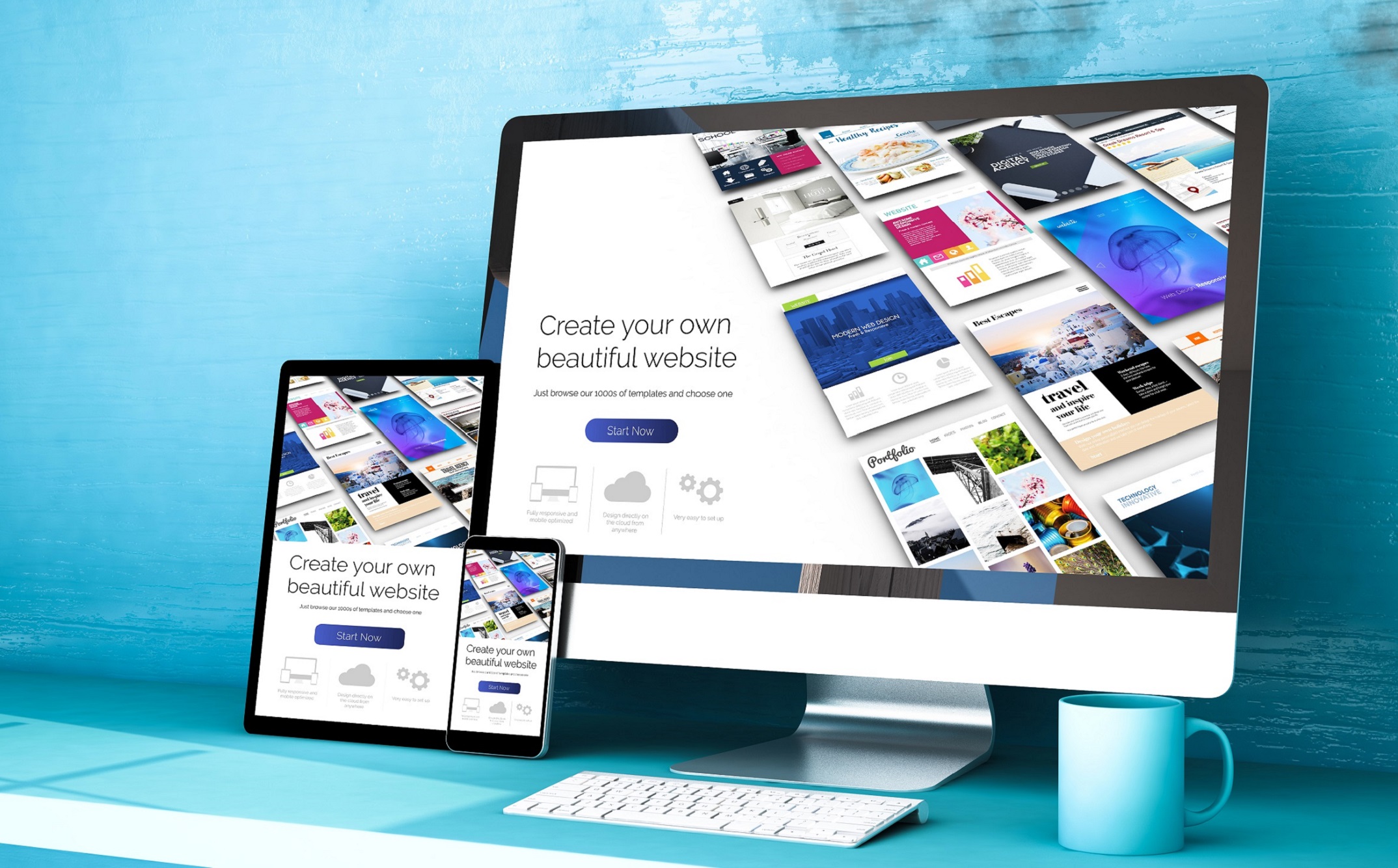 responsive devices with website builder home on blue studio