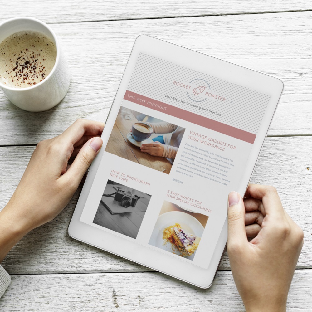 Aerial view of woman using digital tablet and snacks Company Profile mockups