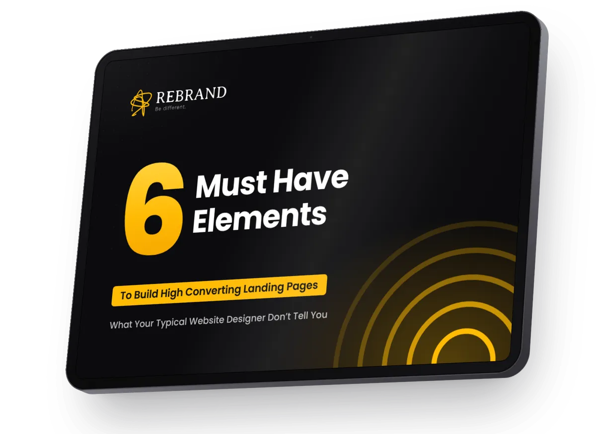 Free e-book: 6 Must Have Elements to Build High Converting Landing Pages, shown on a tablet